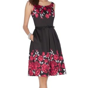 Rose print fit and flare dress